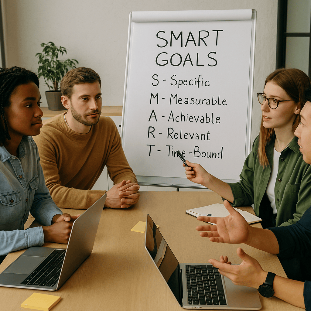 Team members collaborating on SMART goals during a planning session